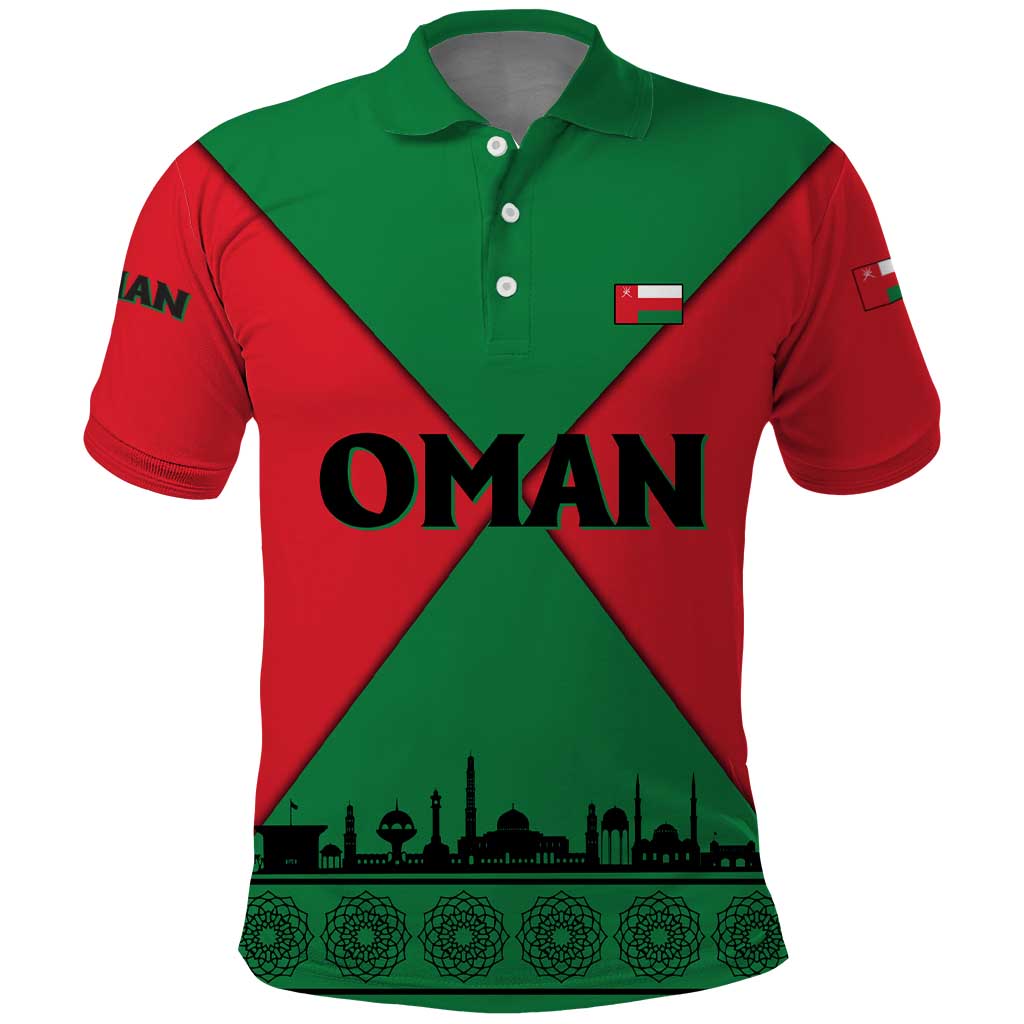 Oman Polo Shirt with National Flag Colors and Crossed Khanjar Emblem Design