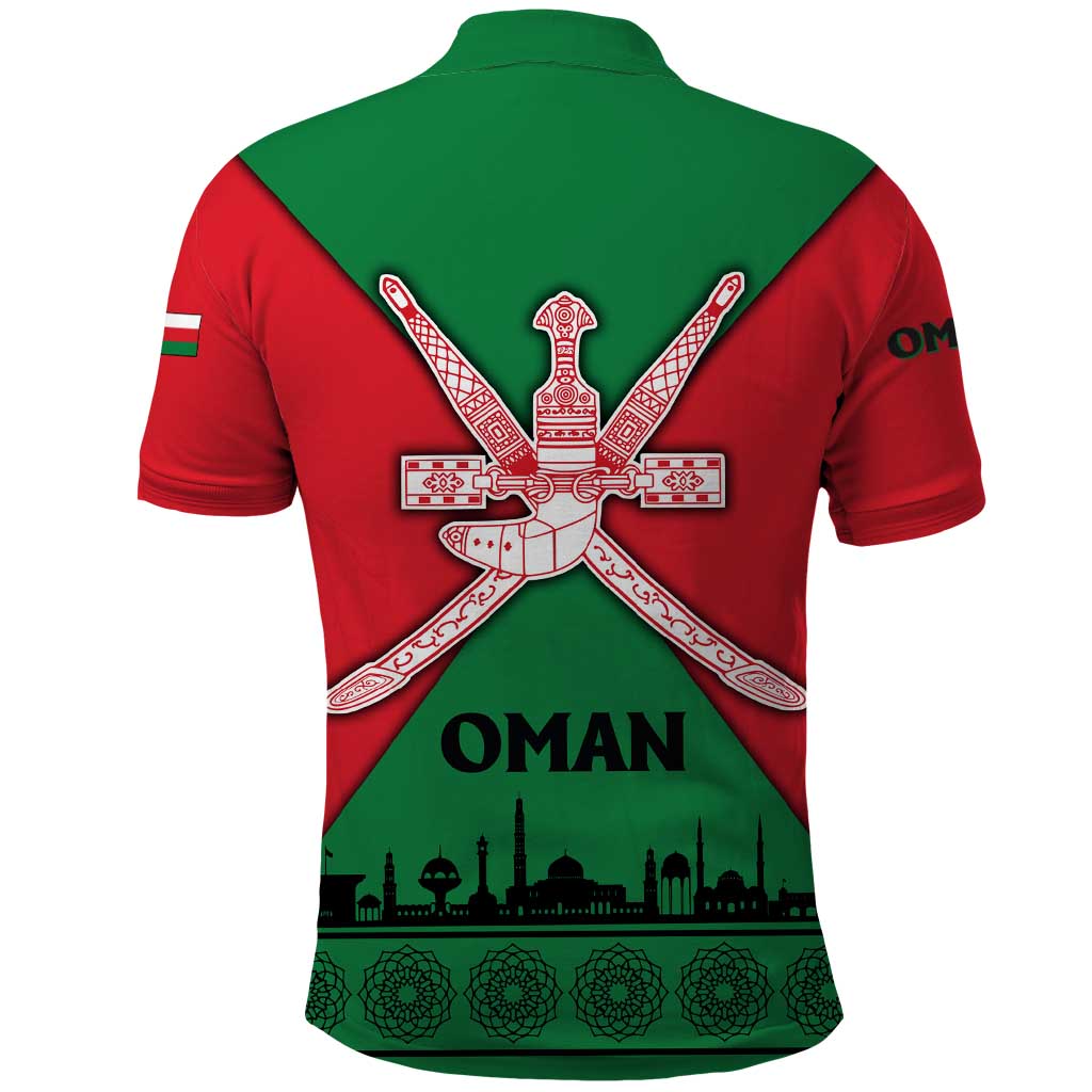 Oman Polo Shirt with National Flag Colors and Crossed Khanjar Emblem Design