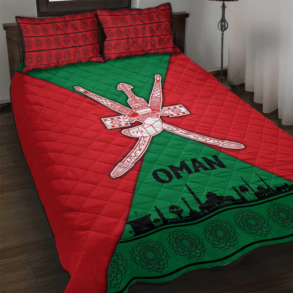 Oman Quilt Bed Set with National Flag Colors and Crossed Khanjar Emblem Design