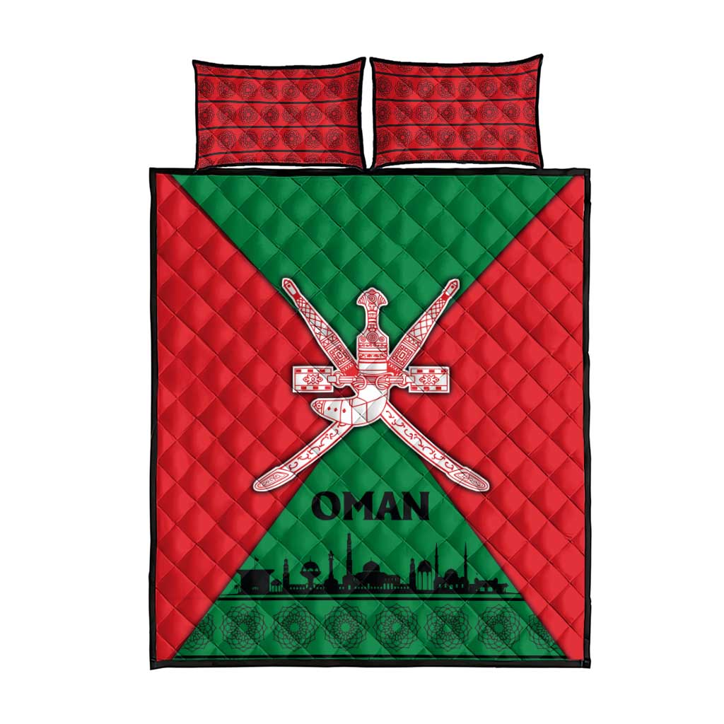 Oman Quilt Bed Set with National Flag Colors and Crossed Khanjar Emblem Design