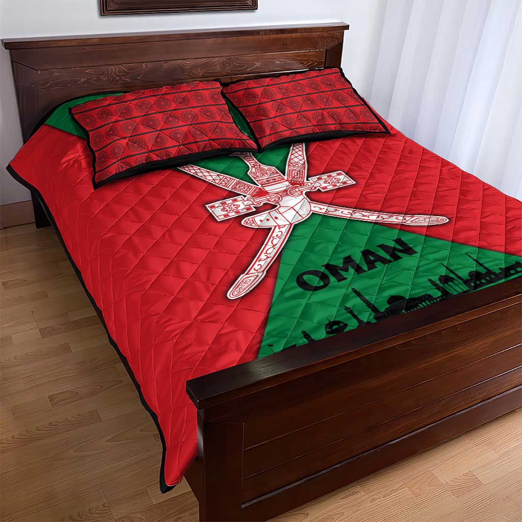 Oman Quilt Bed Set with National Flag Colors and Crossed Khanjar Emblem Design