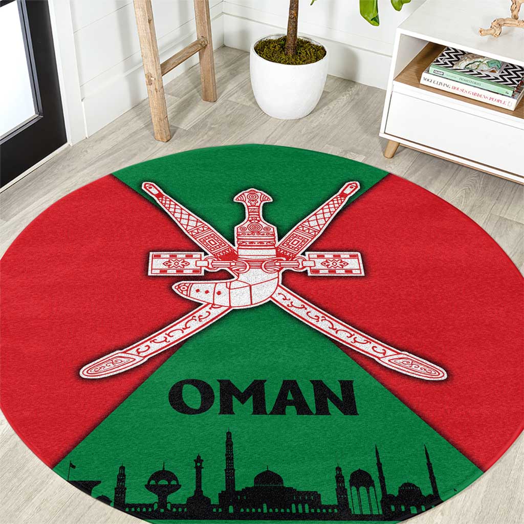 Oman Round Carpet with National Flag Colors and Crossed Khanjar Emblem Design