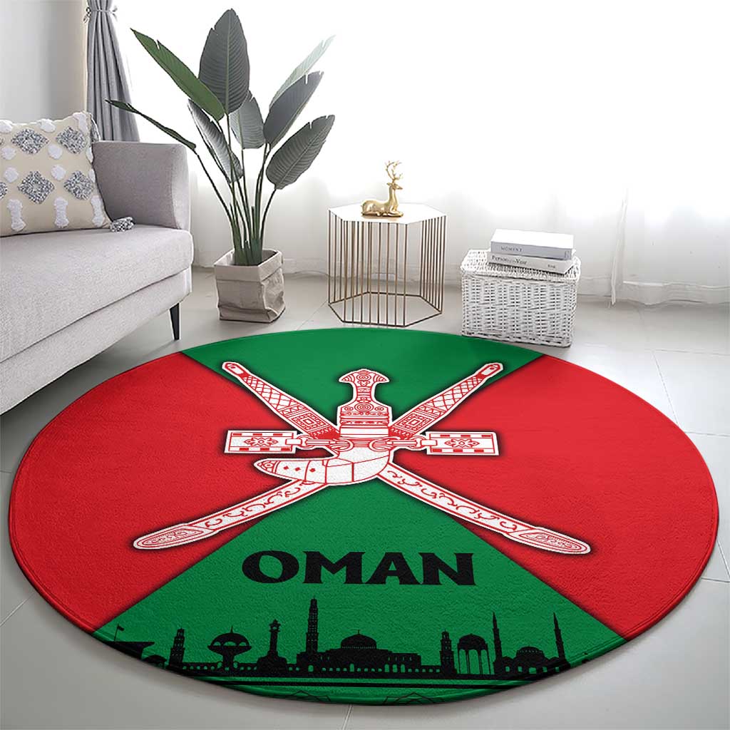 Oman Round Carpet with National Flag Colors and Crossed Khanjar Emblem Design