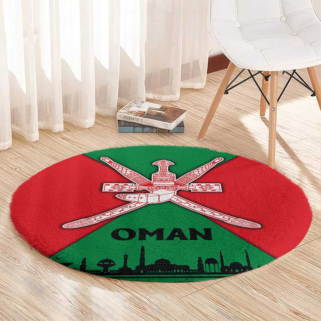 Oman Round Carpet with National Flag Colors and Crossed Khanjar Emblem Design