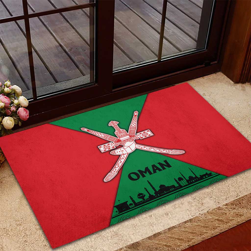 Oman Rubber Doormat with National Flag Colors and Crossed Khanjar Emblem Design