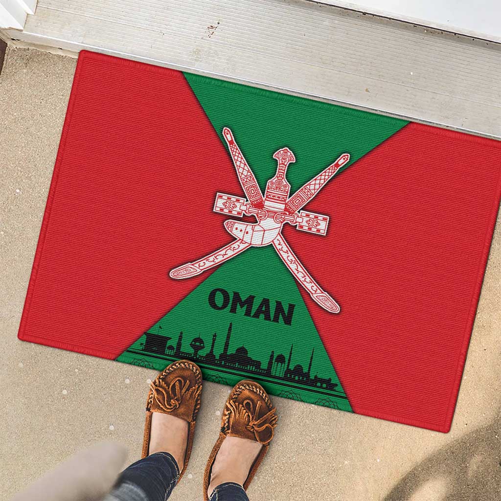 Oman Rubber Doormat with National Flag Colors and Crossed Khanjar Emblem Design