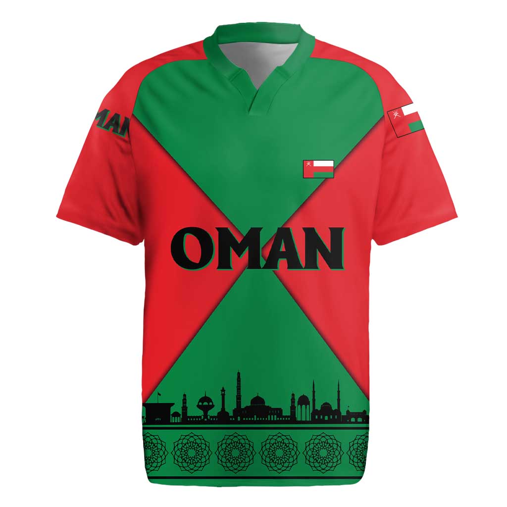 Oman Rugby Jersey with National Flag Colors and Crossed Khanjar Emblem Design