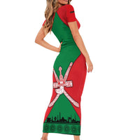 Oman Short Sleeve Bodycon Dress with National Flag Colors and Crossed Khanjar Emblem Design