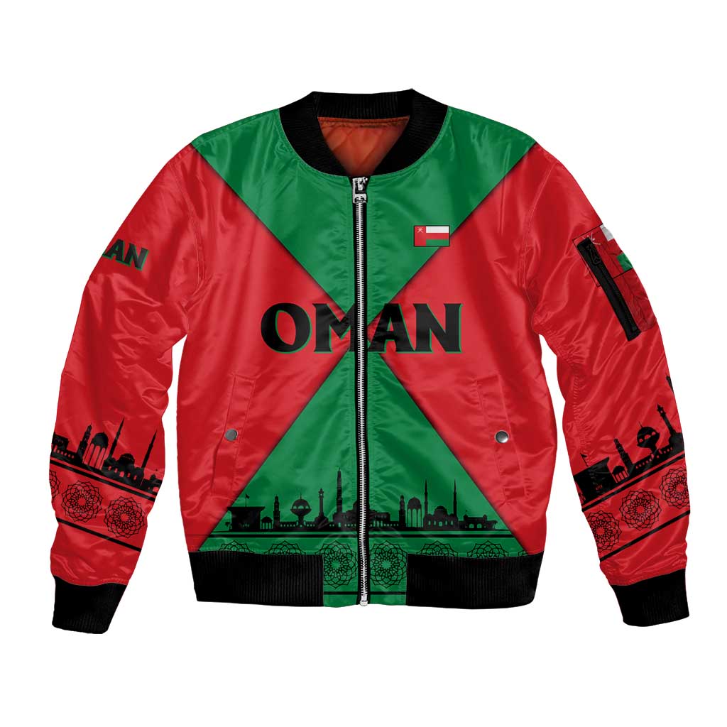 Oman Sleeve Zip Bomber Jacket with National Flag Colors and Crossed Khanjar Emblem Design