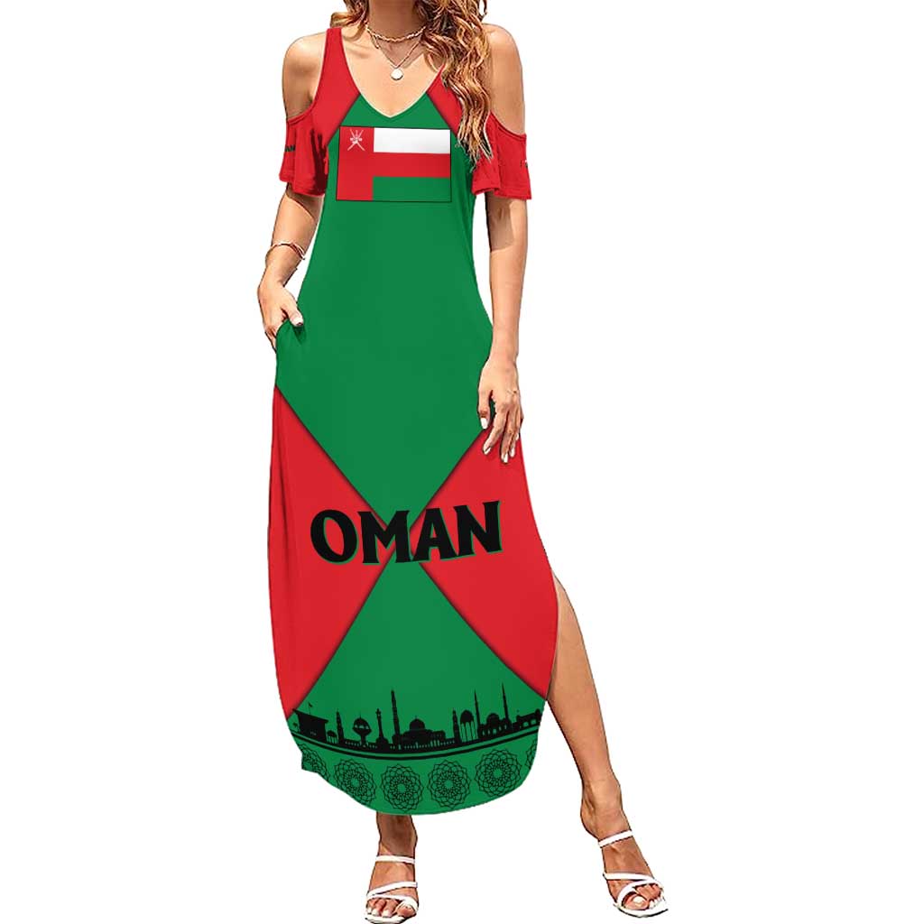 Oman Summer Maxi Dress with National Flag Colors and Crossed Khanjar Emblem Design