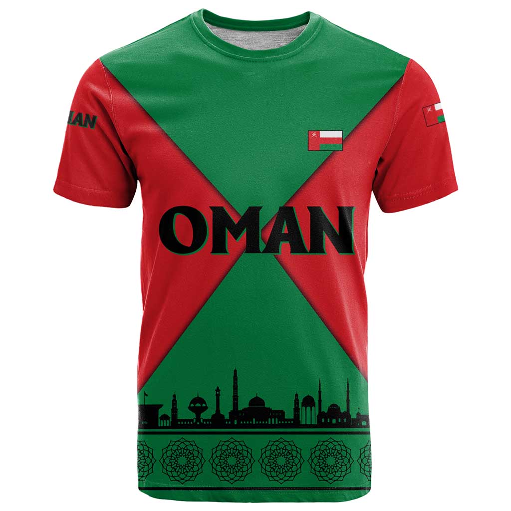 Oman T Shirt with National Flag Colors and Crossed Khanjar Emblem Design