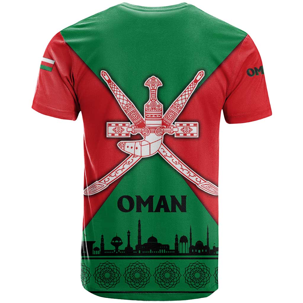 Oman T Shirt with National Flag Colors and Crossed Khanjar Emblem Design