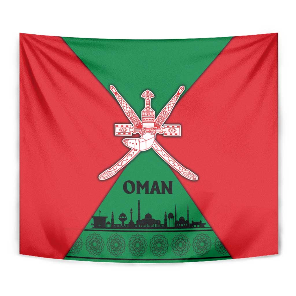 Oman Tapestry with National Flag Colors and Crossed Khanjar Emblem Design