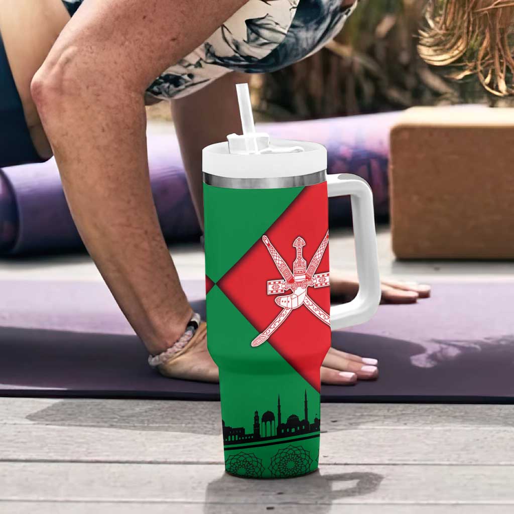 Oman Tumbler With Handle with National Flag Colors and Crossed Khanjar Emblem Design
