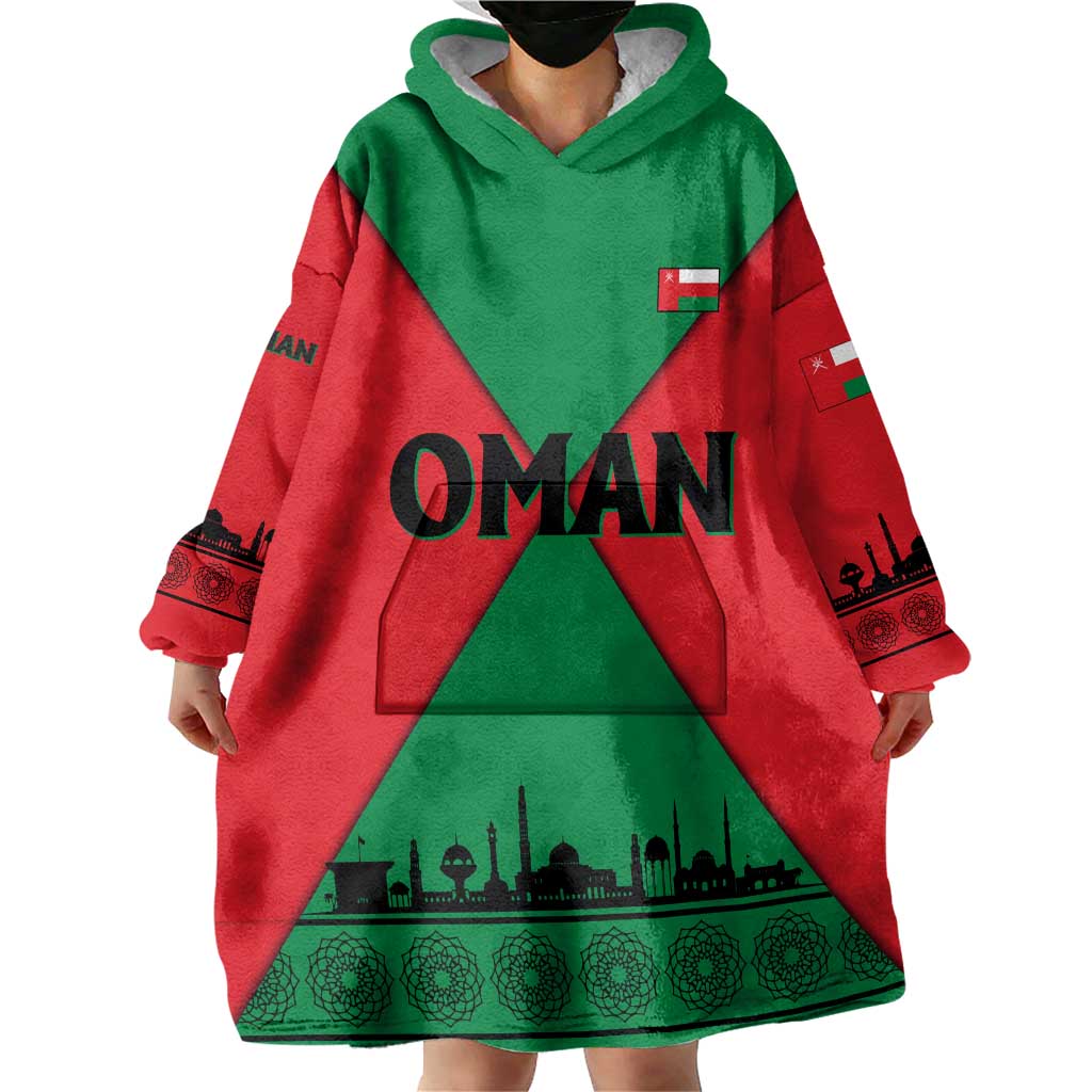 Oman Wearable Blanket Hoodie with National Flag Colors and Crossed Khanjar Emblem Design