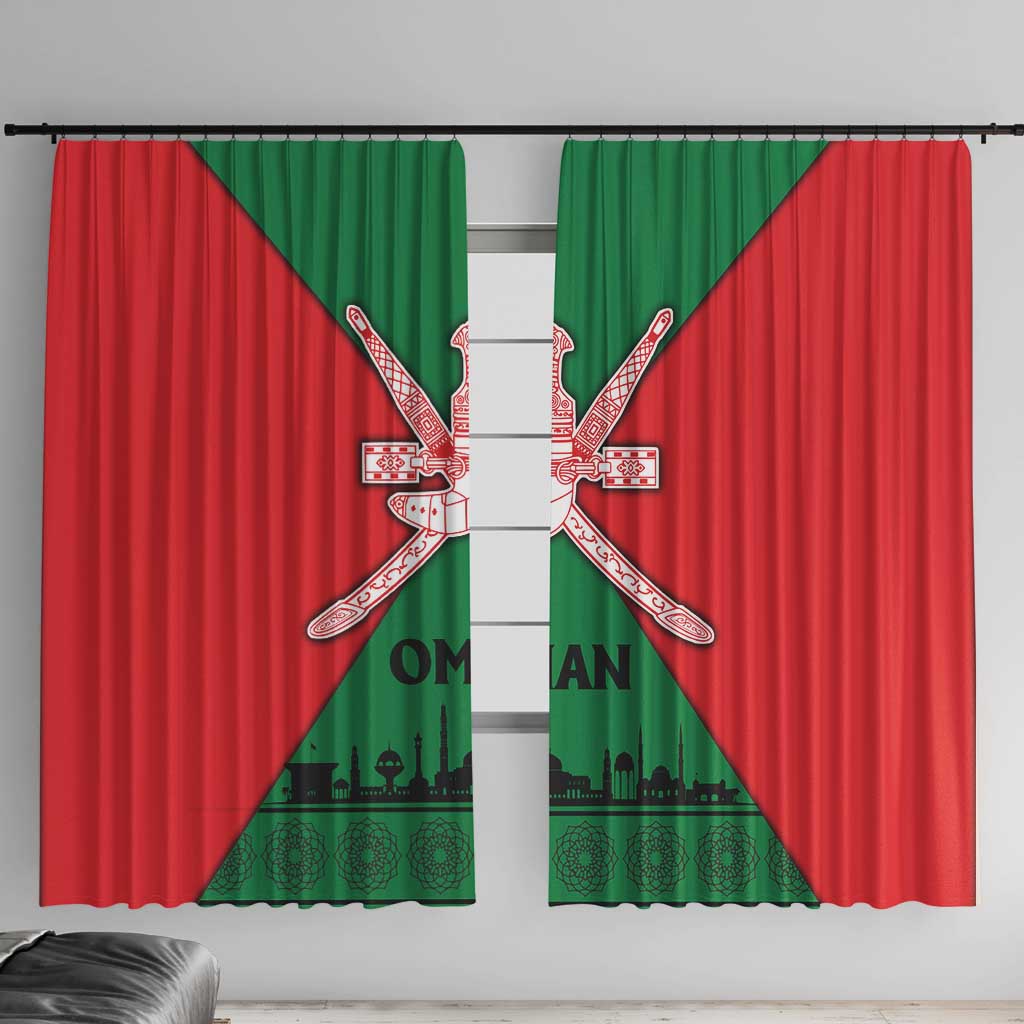 Oman Window Curtain with National Flag Colors and Crossed Khanjar Emblem Design