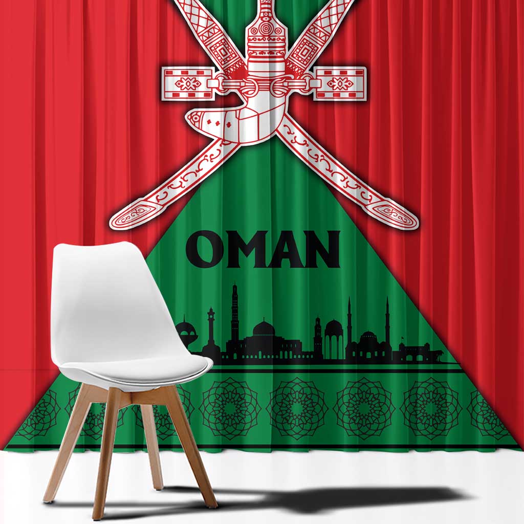 Oman Window Curtain with National Flag Colors and Crossed Khanjar Emblem Design