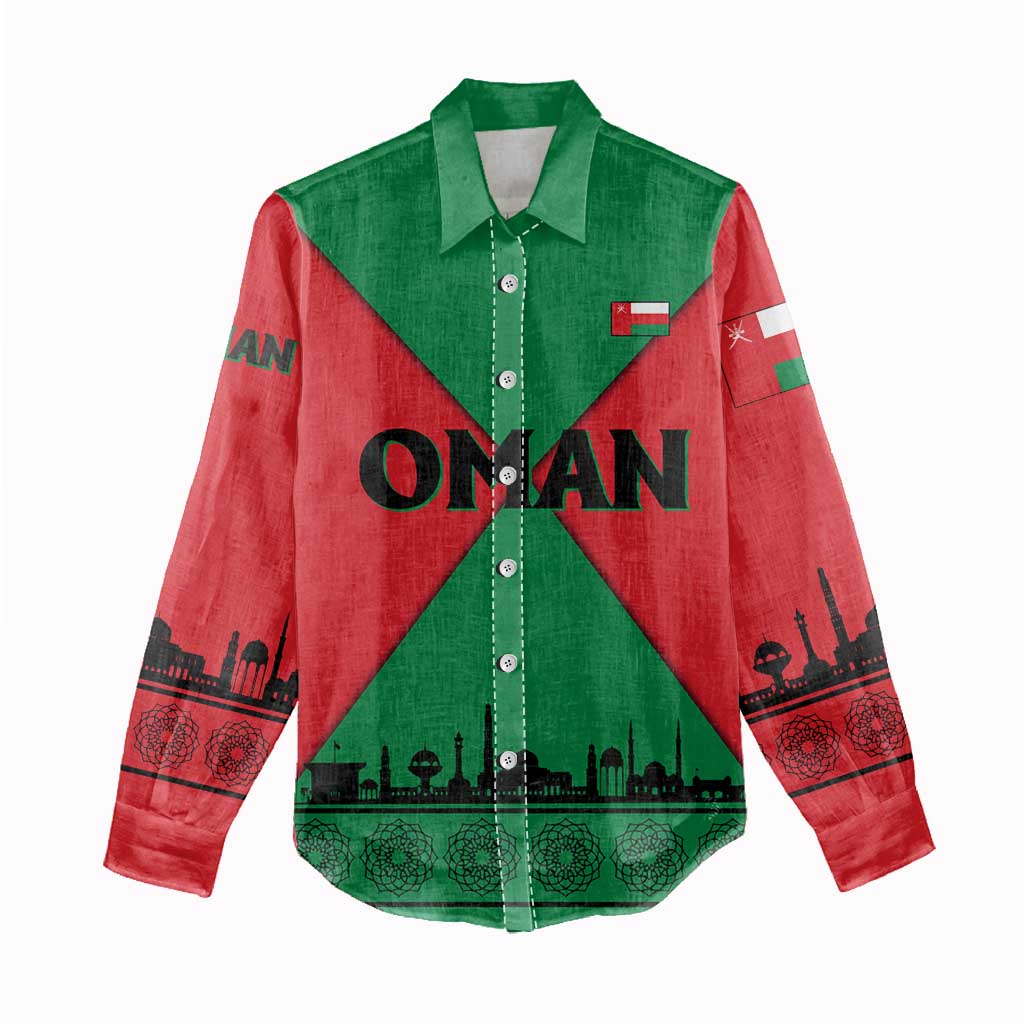 Oman Women Casual Shirt with National Flag Colors and Crossed Khanjar Emblem Design
