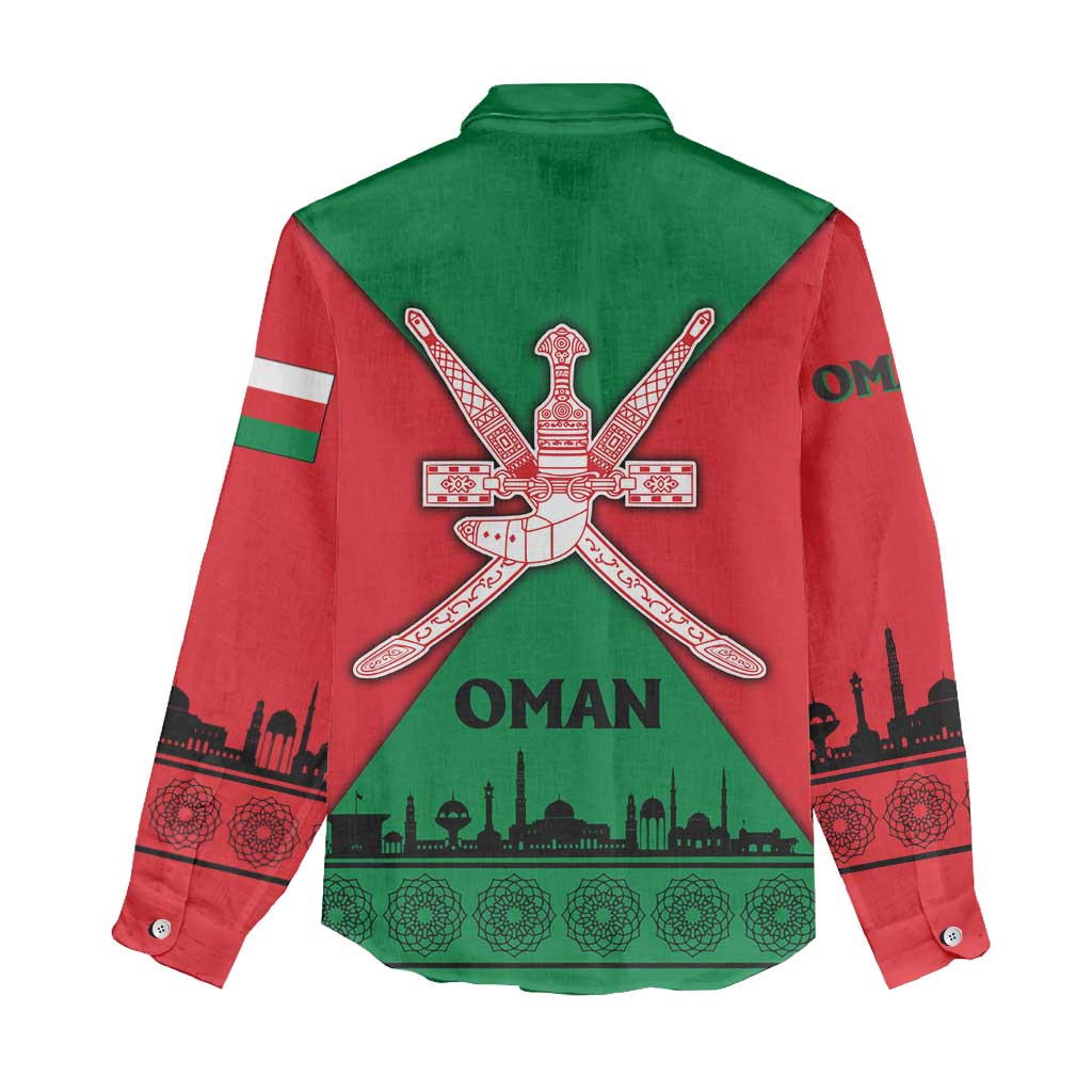 Oman Women Casual Shirt with National Flag Colors and Crossed Khanjar Emblem Design