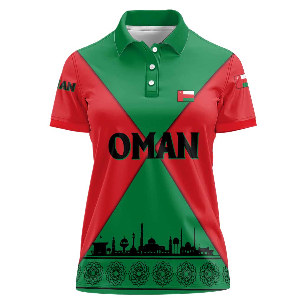 Oman Women Polo Shirt with National Flag Colors and Crossed Khanjar Emblem Design