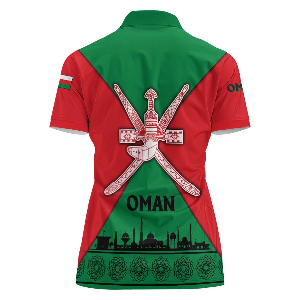 Oman Women Polo Shirt with National Flag Colors and Crossed Khanjar Emblem Design