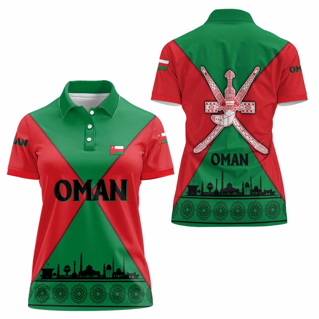 Oman Women Polo Shirt with National Flag Colors and Crossed Khanjar Emblem Design