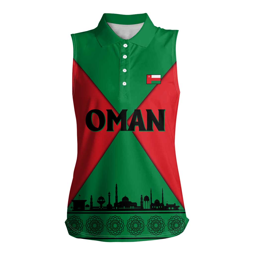 Oman Women Sleeveless Polo Shirt with National Flag Colors and Crossed Khanjar Emblem Design