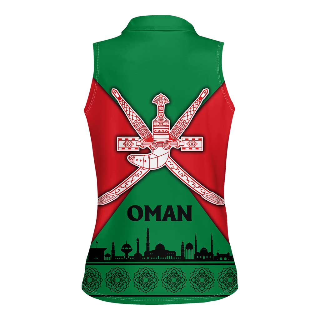 Oman Women Sleeveless Polo Shirt with National Flag Colors and Crossed Khanjar Emblem Design