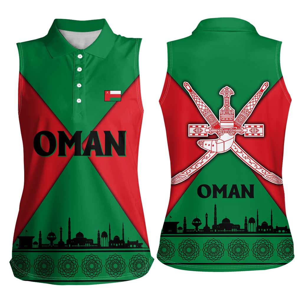 Oman Women Sleeveless Polo Shirt with National Flag Colors and Crossed Khanjar Emblem Design