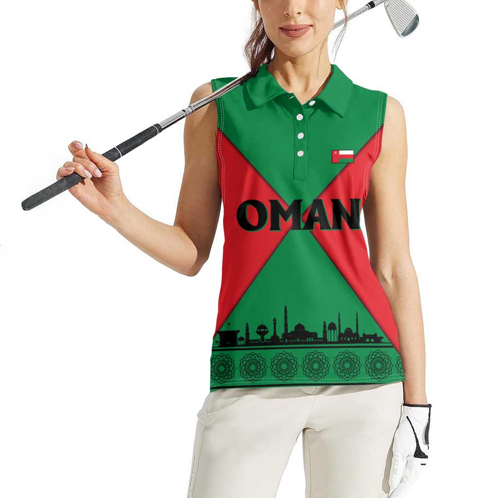Oman Women Sleeveless Polo Shirt with National Flag Colors and Crossed Khanjar Emblem Design