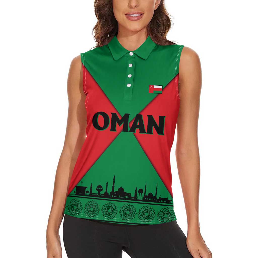 Oman Women Sleeveless Polo Shirt with National Flag Colors and Crossed Khanjar Emblem Design