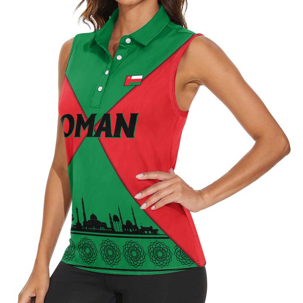 Oman Women Sleeveless Polo Shirt with National Flag Colors and Crossed Khanjar Emblem Design