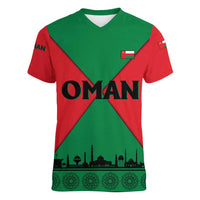 Oman Women V-Neck T-Shirt with National Flag Colors and Crossed Khanjar Emblem Design