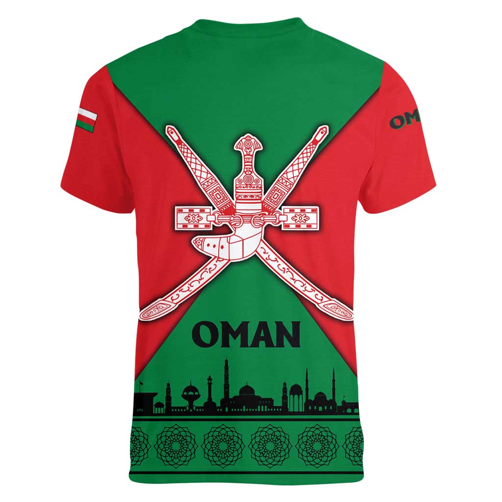 Oman Women V-Neck T-Shirt with National Flag Colors and Crossed Khanjar Emblem Design