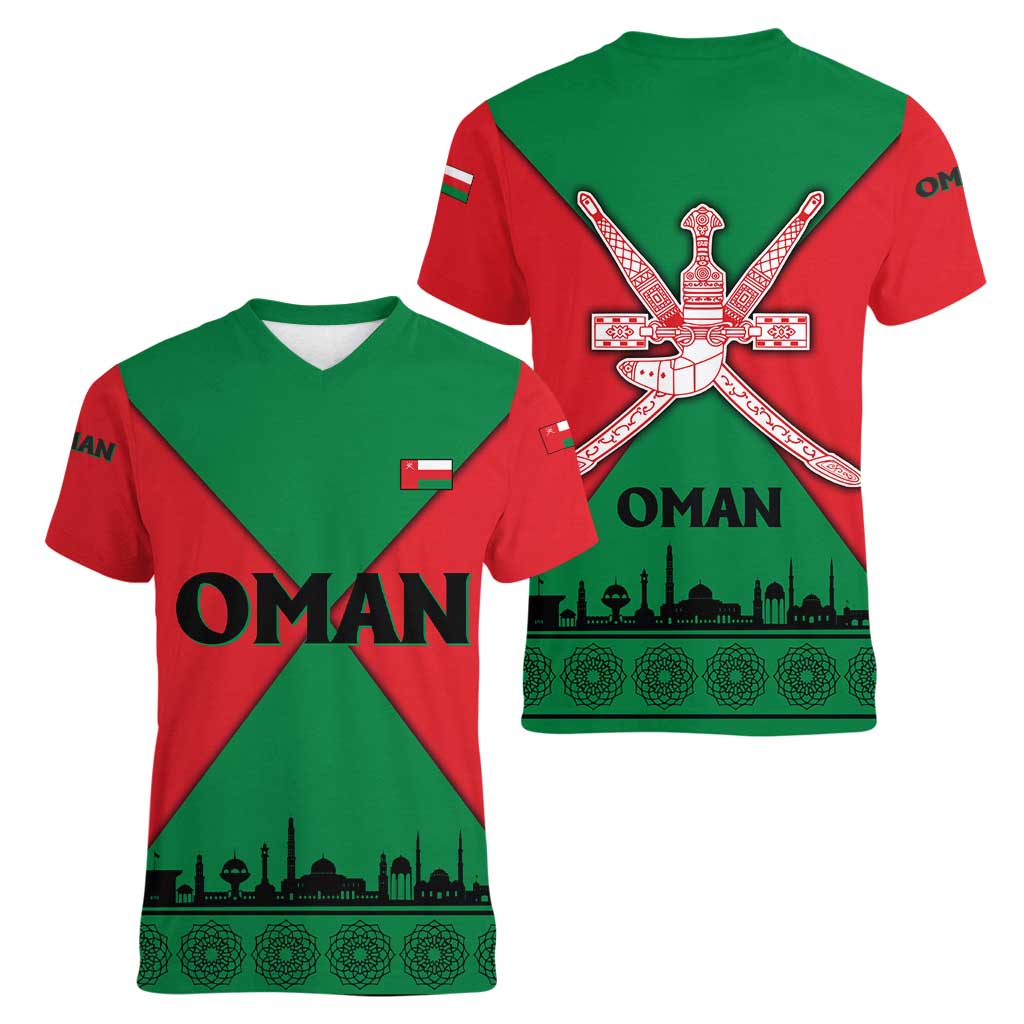 Oman Women V-Neck T-Shirt with National Flag Colors and Crossed Khanjar Emblem Design