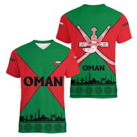 Oman Women V-Neck T-Shirt with National Flag Colors and Crossed Khanjar Emblem Design