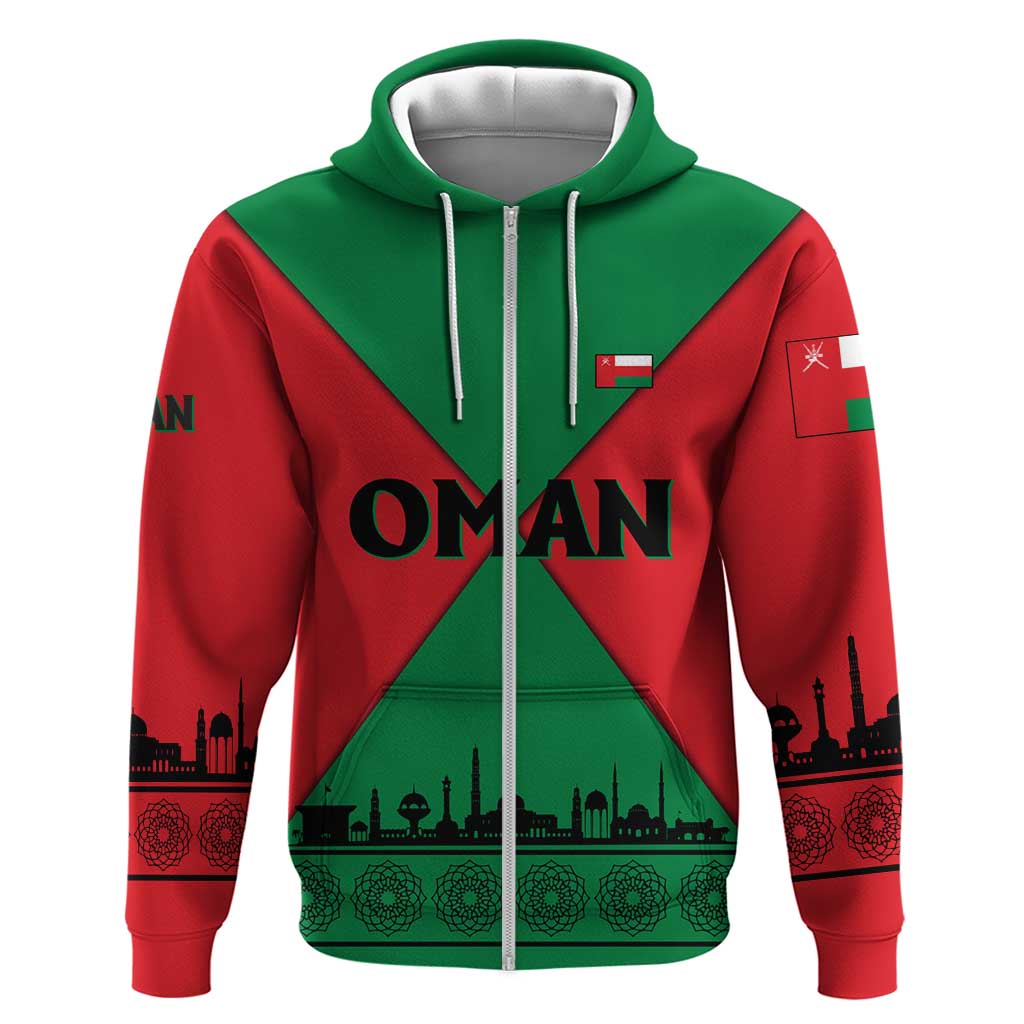 Oman Zip Hoodie with National Flag Colors and Crossed Khanjar Emblem Design