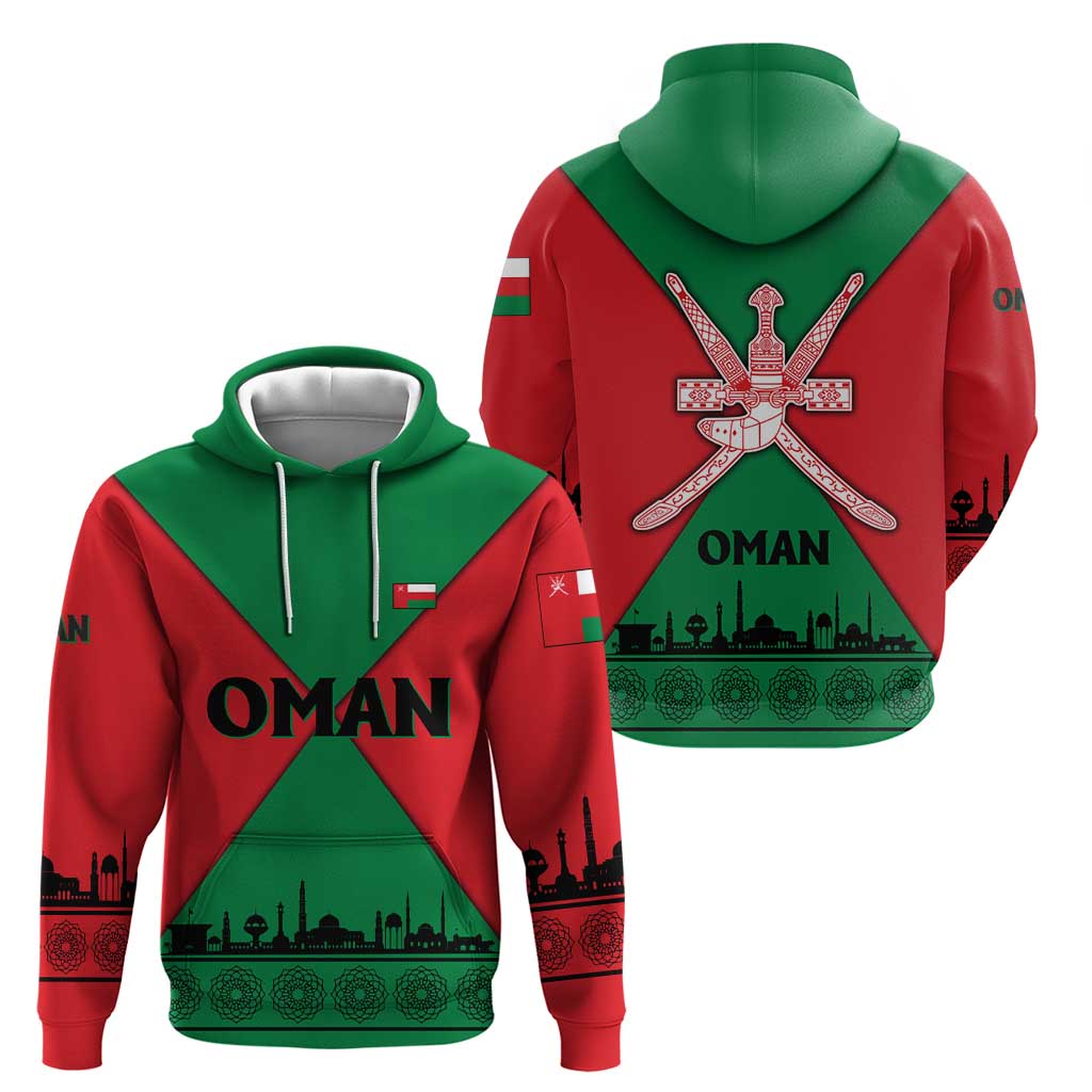 Oman Zip Hoodie with National Flag Colors and Crossed Khanjar Emblem Design