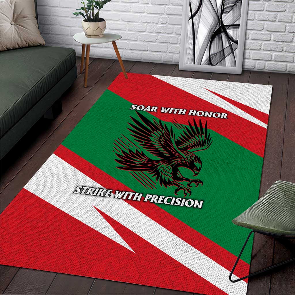 Oman Area Rug with National Flag Colors and Falcon Soaring Graphic Design