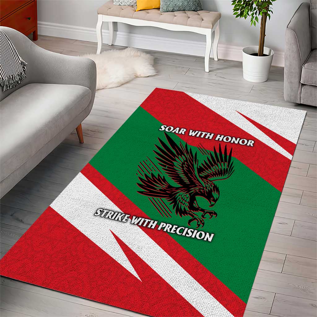 Oman Area Rug with National Flag Colors and Falcon Soaring Graphic Design