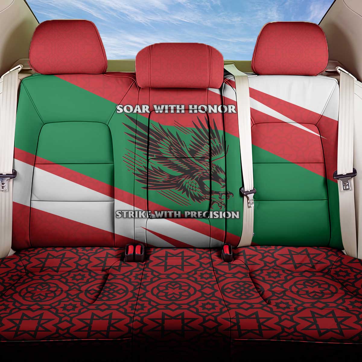 Oman Back Car Seat Cover with National Flag Colors and Falcon Soaring Graphic Design