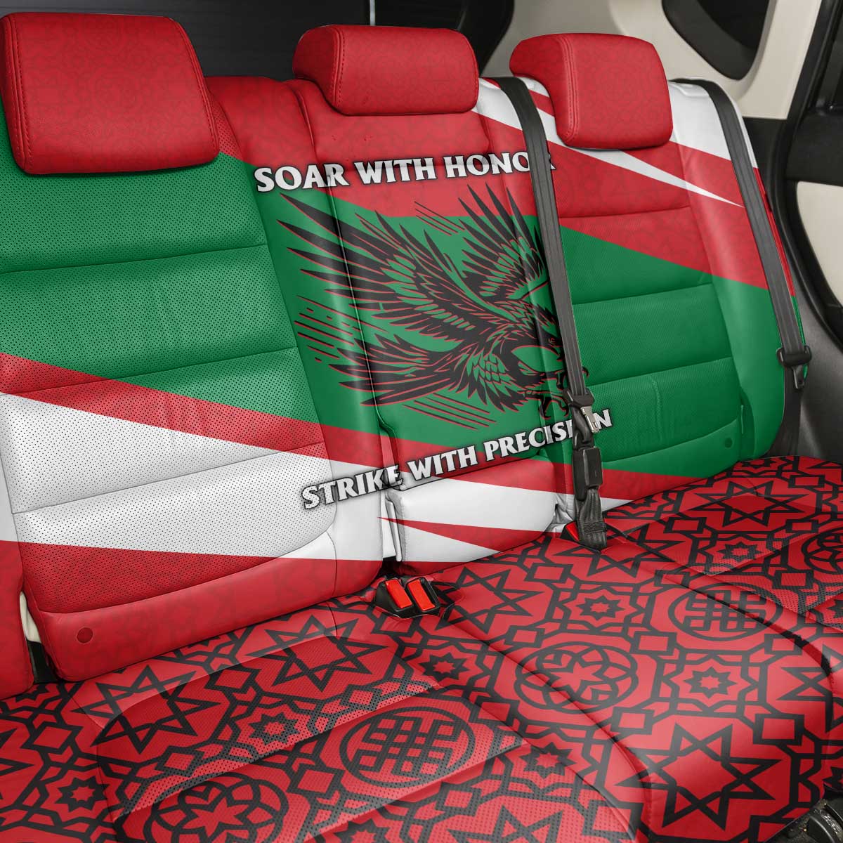 Oman Back Car Seat Cover with National Flag Colors and Falcon Soaring Graphic Design