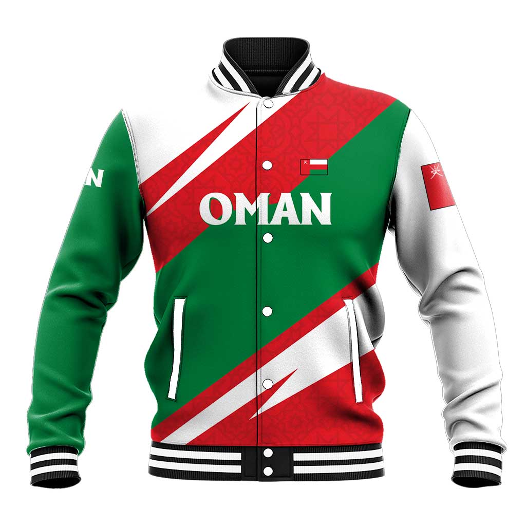 Oman Baseball Jacket with National Flag Colors and Falcon Soaring Graphic Design