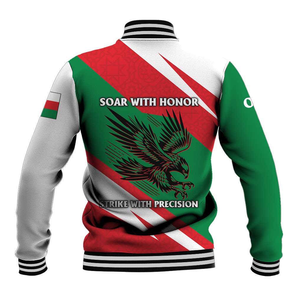 Oman Baseball Jacket with National Flag Colors and Falcon Soaring Graphic Design