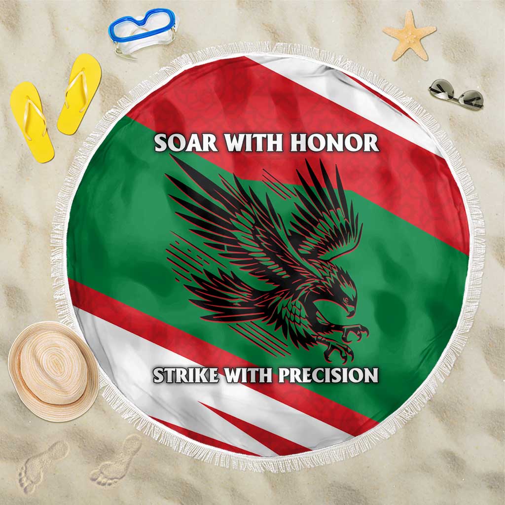 Oman Beach Blanket with National Flag Colors and Falcon Soaring Graphic Design