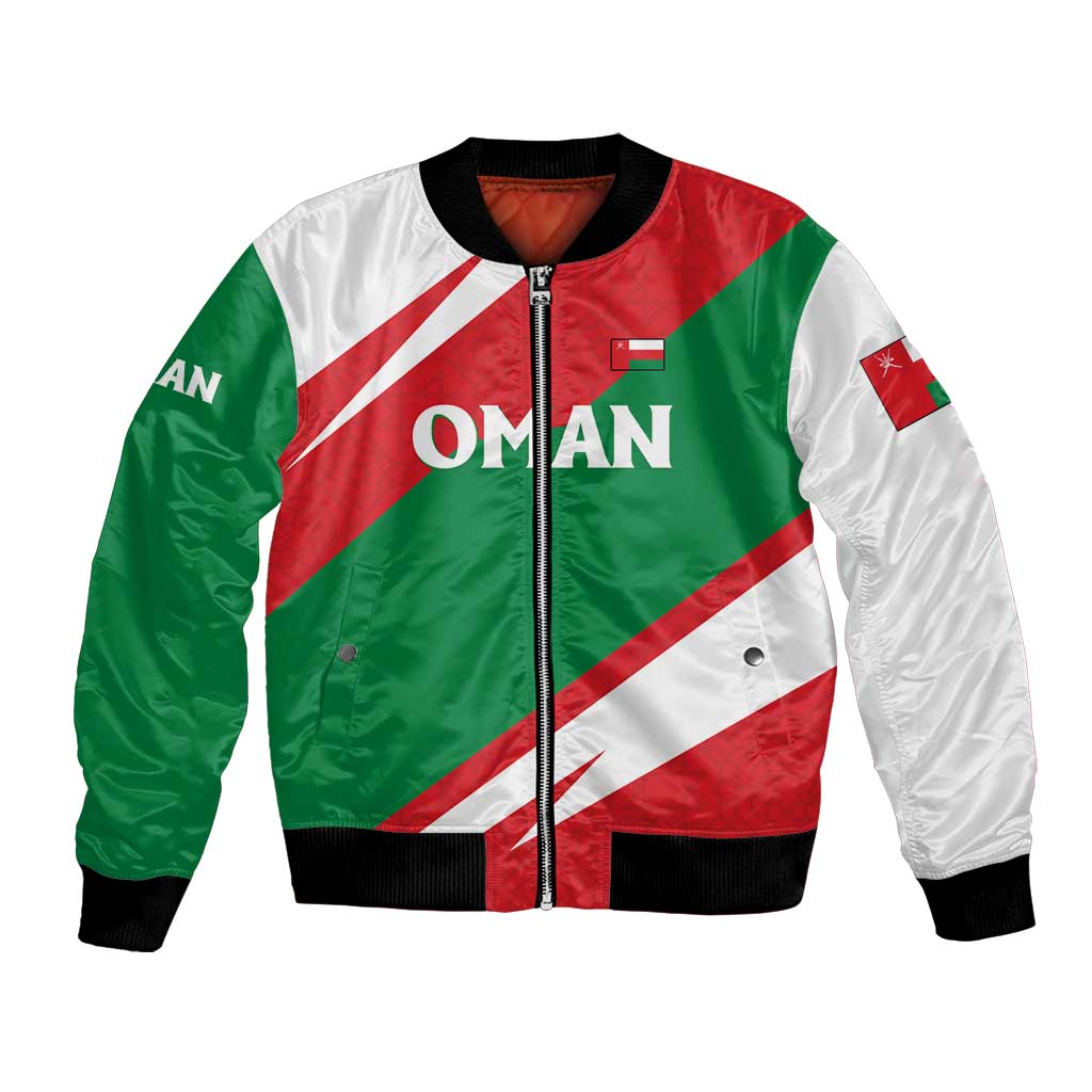 Oman Bomber Jacket with National Flag Colors and Falcon Soaring Graphic Design
