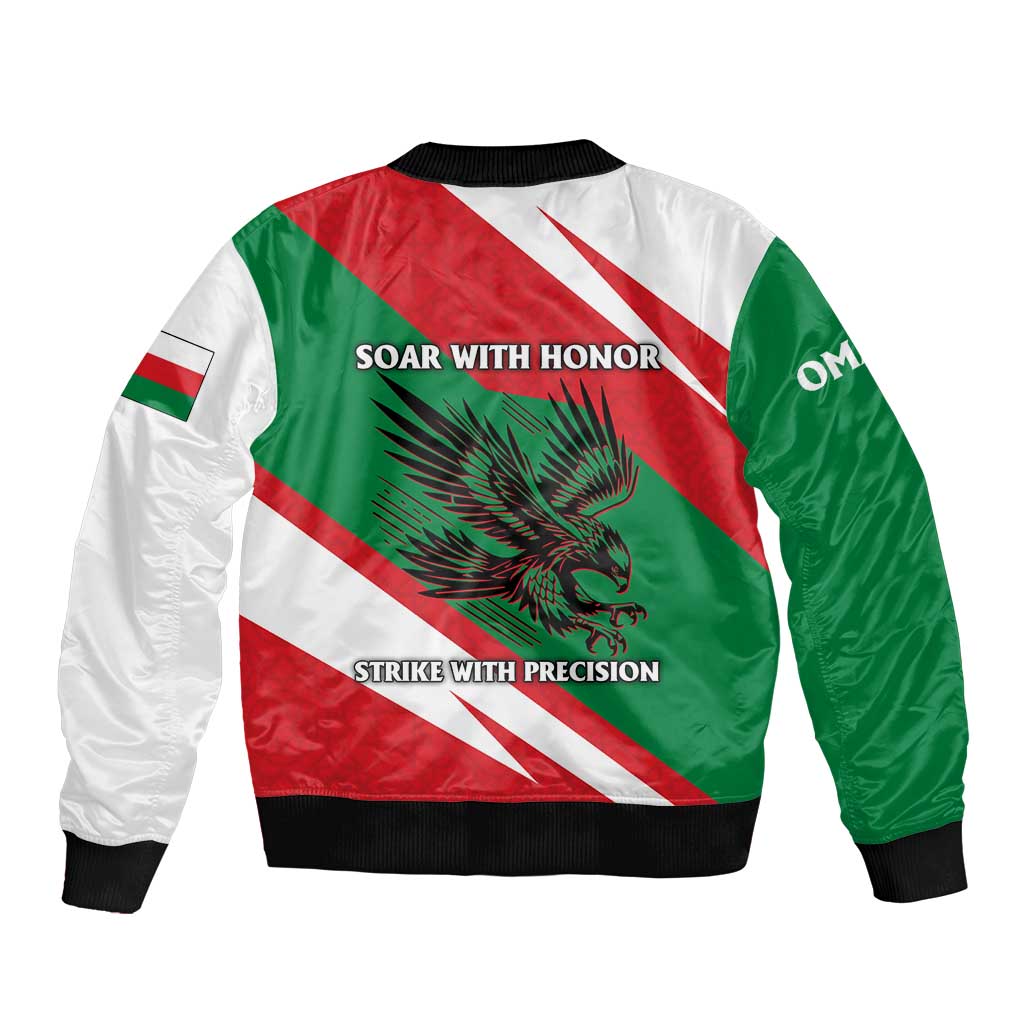 Oman Bomber Jacket with National Flag Colors and Falcon Soaring Graphic Design