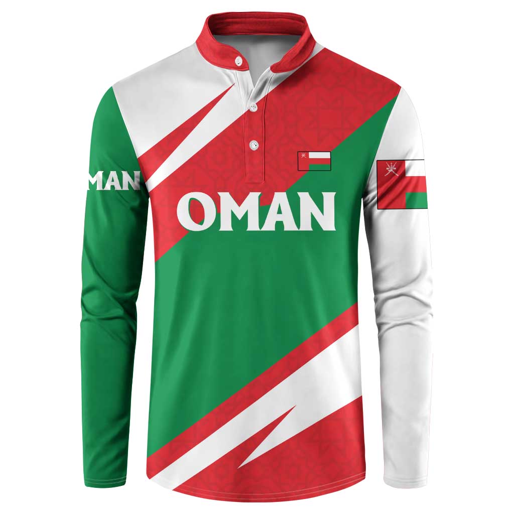 Oman Button Sweatshirt with National Flag Colors and Falcon Soaring Graphic Design