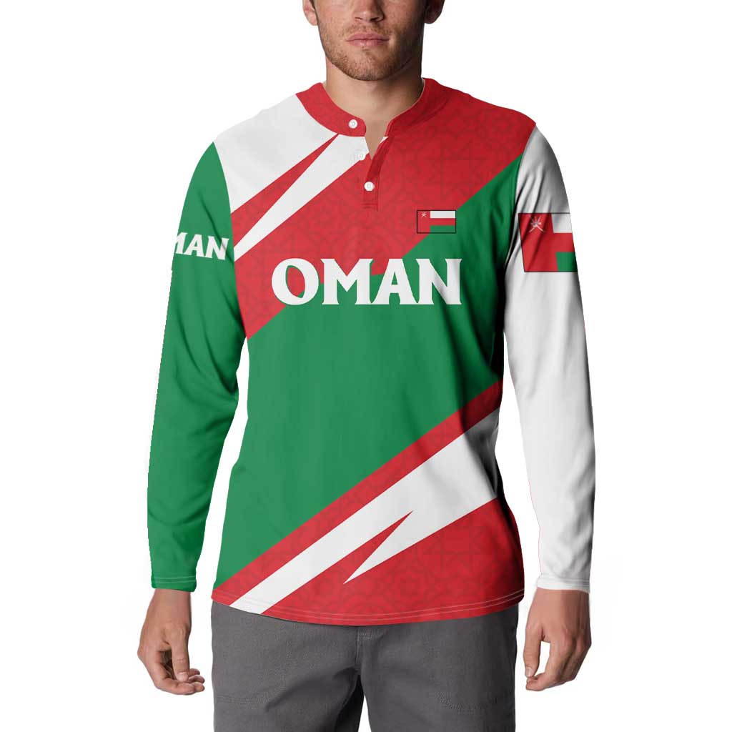 Oman Button Sweatshirt with National Flag Colors and Falcon Soaring Graphic Design