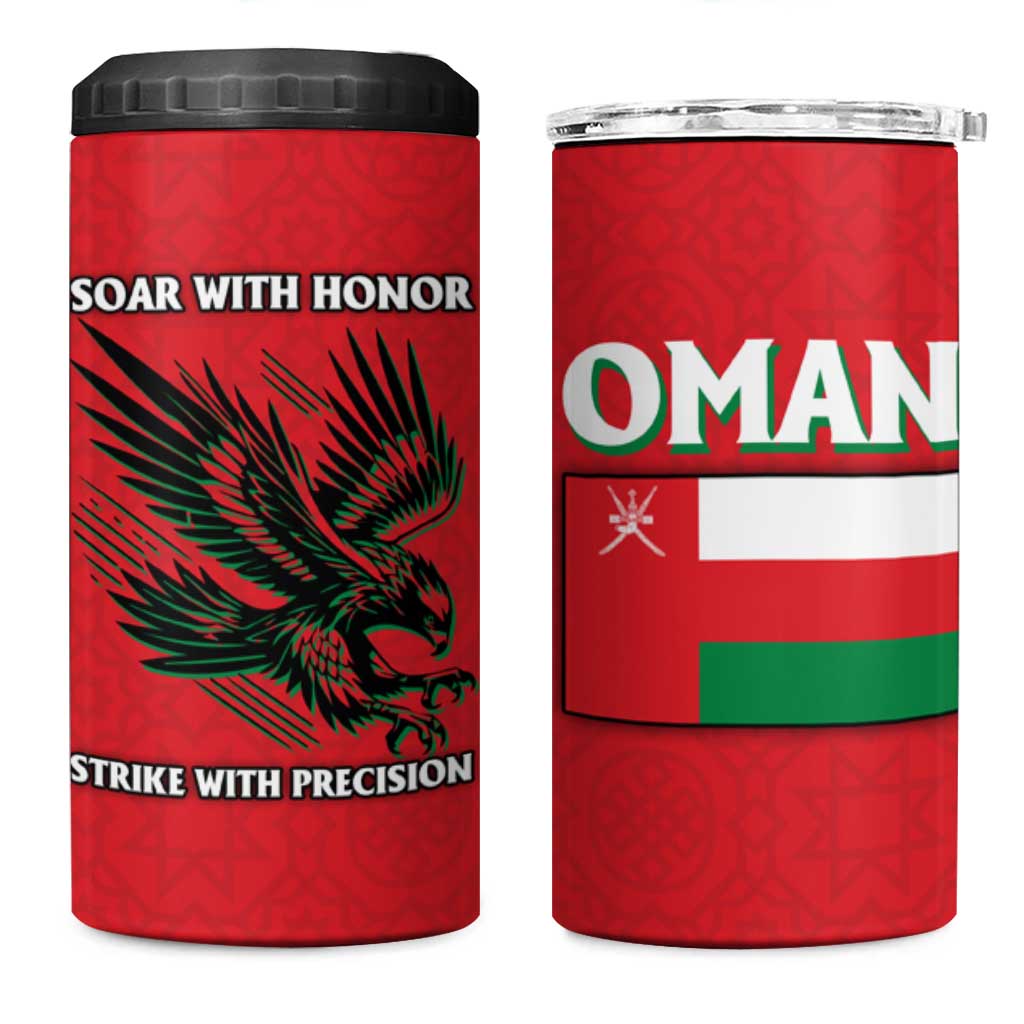 Oman 4 in 1 Can Cooler Tumbler with National Flag Colors and Falcon Soaring Graphic Design